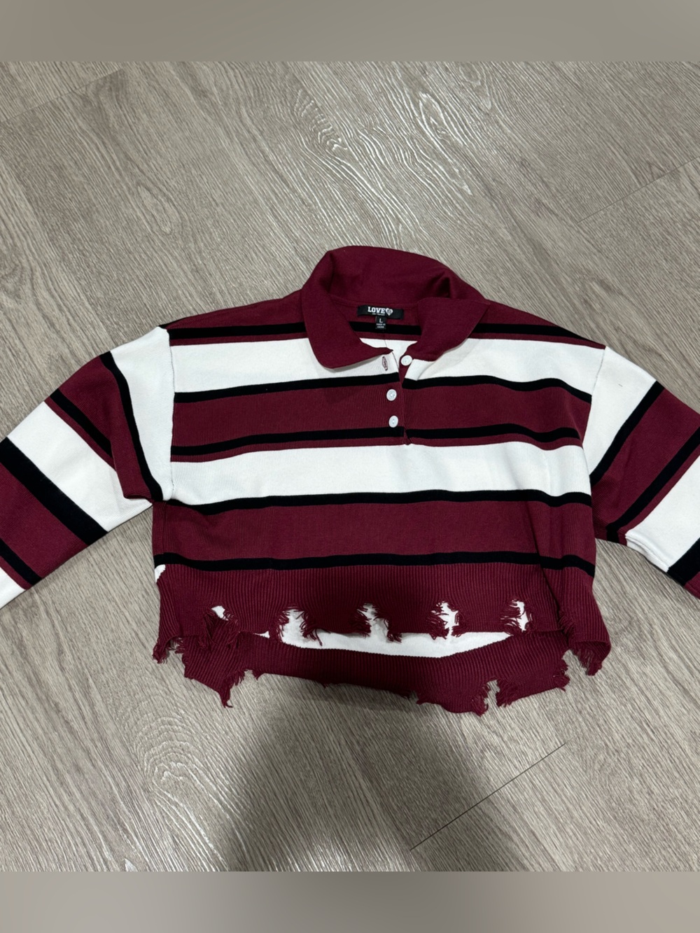 Burgundy, White & Black Striped Cropped Polo